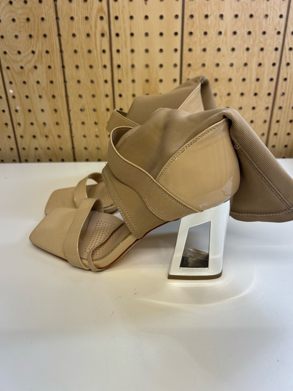 Azalea Wang Strappy Block Heel Sandals with Sculpted Metallic Heel